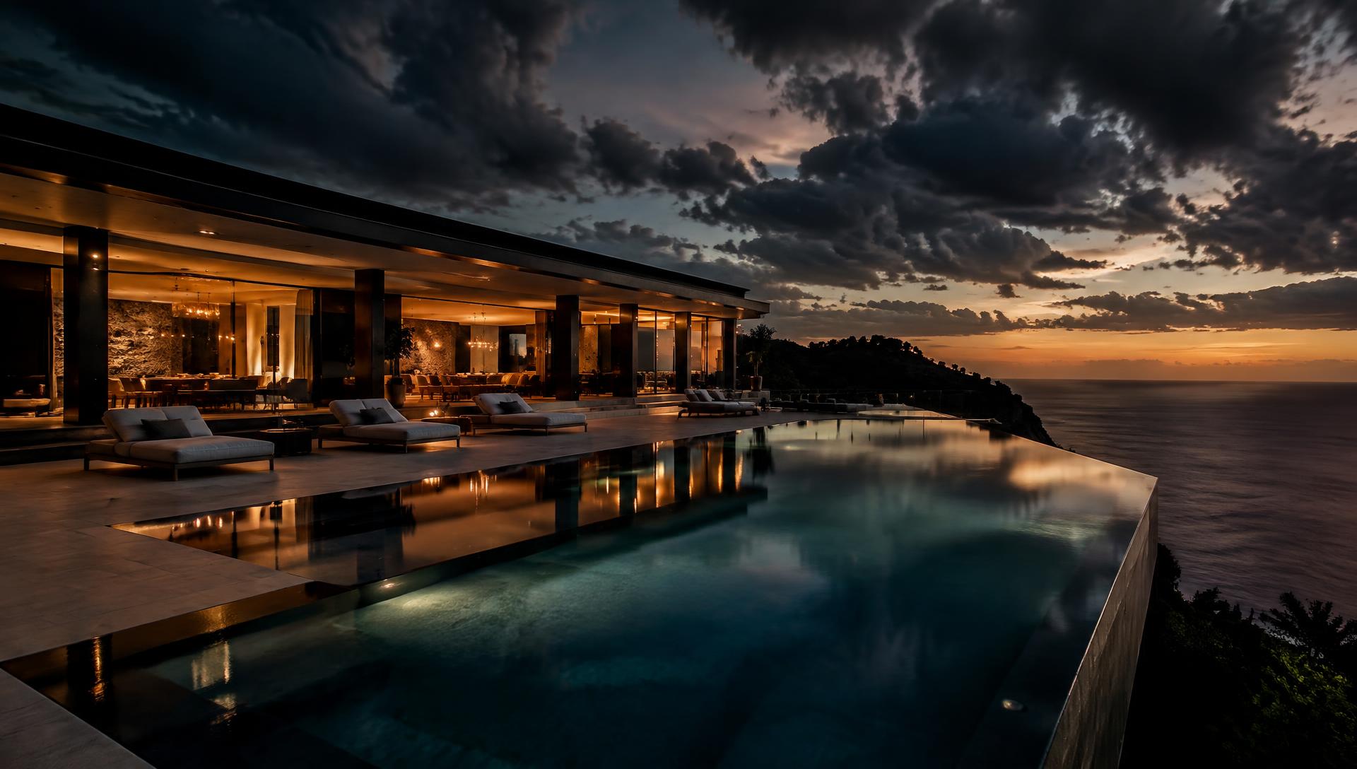 Luxury villa with infinity pool at dusk
